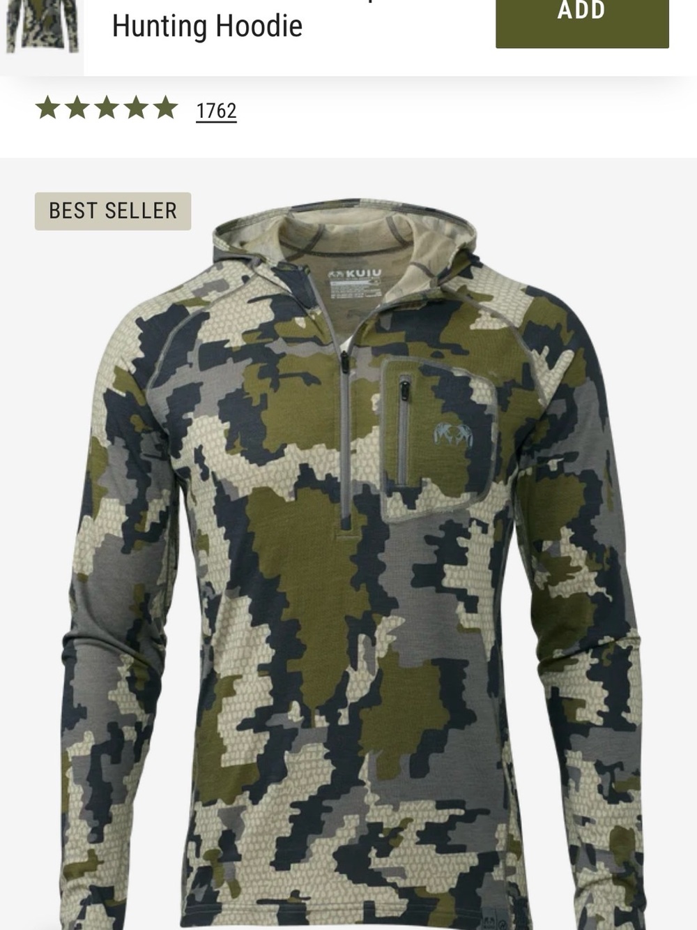 New kuiu ULTRA Merino 145 Zip-T Hunting Hoodie verde camo size large